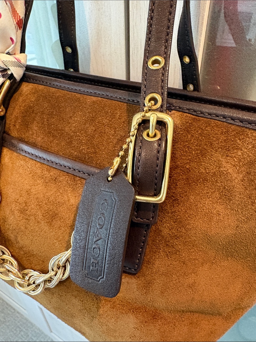 Coach Brown Suede Satchel with Gold Chain and Polka Dot Scarf - Picture 3 of 9